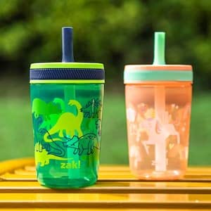 Zak Designs Kelso 15 oz Tumbler Set, (Dino Camo) Leak-Proof Screw-On Lid with Straw Made of Durable Plastic and Silicone, Perfect Cup Bundle for Kids (2pc Set)