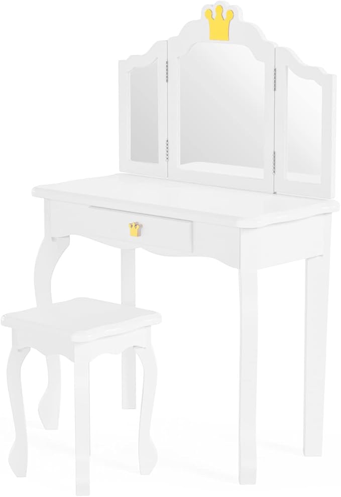 JOYMOR Kids Princess Vanity Table and Chair Set, Kids Vanity Set with Drawer & Tri-Folding Mirror, 2 in 1 Makeup Dressing Table with Detachable Top, Pretend Beauty Play Vanity Set for Girls