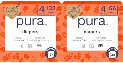 Pura Sensitive Skin Baby Diapers | Size 4 (18-31 lbs) | Bulk, Hypoallergenic, Totally Chlorine Free, Fragrance Free, | 9 Packs of 22 (198 Diapers)