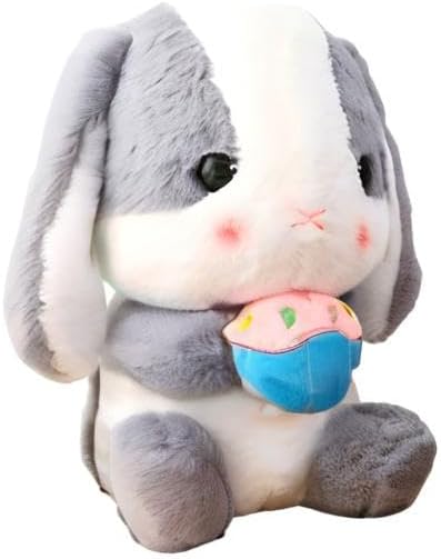 HOUPU Soft Toy - Sitting Lop Eared Rabbit, Easter White Rabbit Stuffed Bunny Animal with Carrot Soft Lovely Realistic Long-Eared Standing Pink Plush Toys (Ash White-Cake,16.9in/43cm)