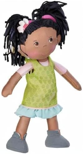 HABA Cari 12" Black Baby Doll with Black Pigtails, Embroidered Face, Removable Green Dress, Machine Washable Soft Baby Doll - 18 Months+