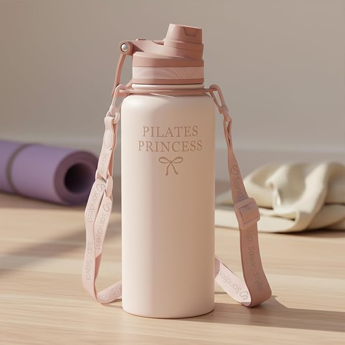 SANDJEST Pilate Stainless Steel Water Bottle with Strap 32oz, Insulated Bottles with Straw and Spout Lid for Gym Sports Travel Outdoor, Gifts for Women Girls Birthday Christmas