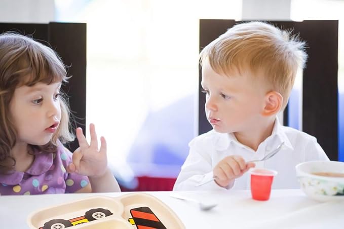 Kid Plate Set Bamboo Toddler Plates Dinnerware Dinner Dish Set Baby Feeding Spill Proof Divided Plate - Baby Spoon and fork 3-Piece Set for Kids and Toddlers Teaches Child Portion Control