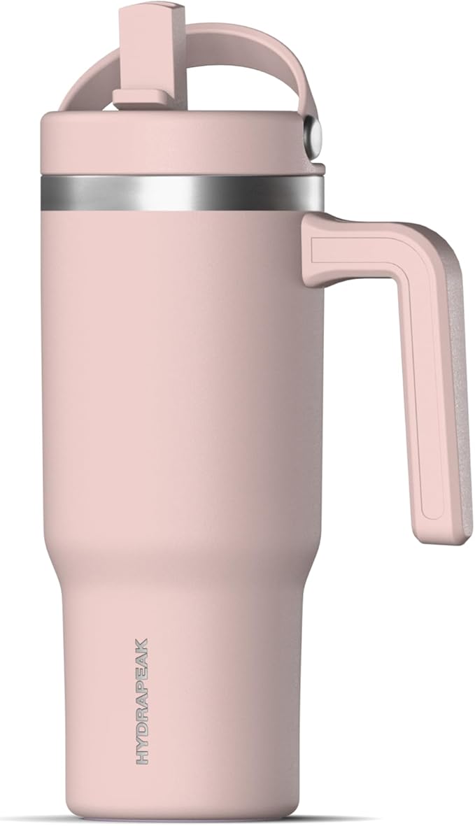 Hydrapeak Kids Voyager 18 oz Tumbler with Handle and Flip-Up Straw Lid | Spill Proof and Leak Resistant | Reusable Stainless Steel Water Bottle | Gift for Kids Boys Girls|Blossom Pink