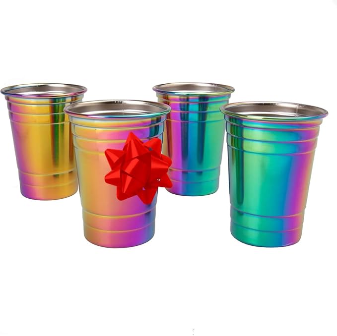 D'Eco Rainbow Stainless Steel Cups - 4 Pack Iridescent 16 oz Tumblers for Kids, Family, Adults - Unbreakable, BPA-Free & Stackable Drinkware for Indoor and Outdoor Use at Parties, Picnics, Camping