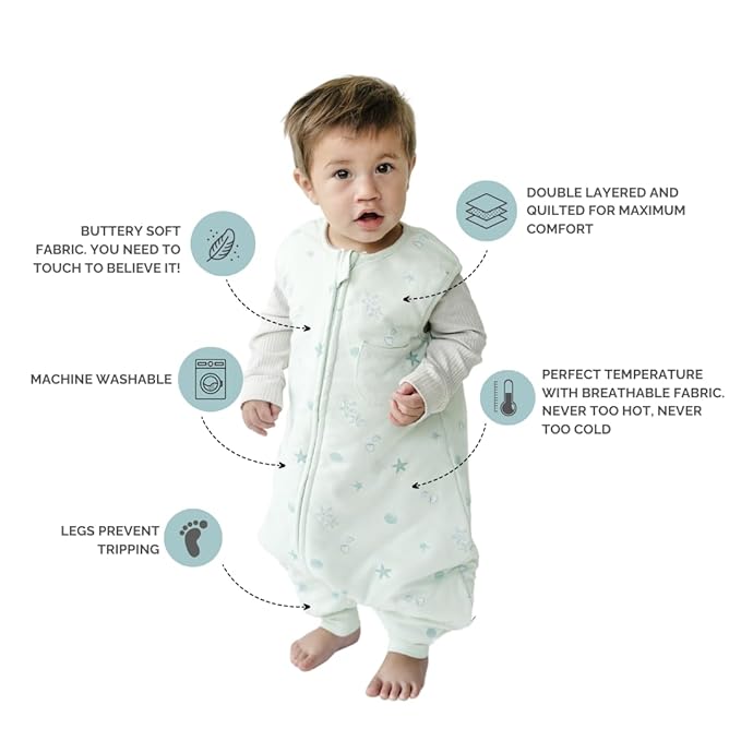 Tealbee Dreamsuit Toddler Sleep Sack with Feet – Walker Sleep Bag with Legs, Rayon made from Bamboo, Winter 1.5 TOG, 2-Way Zipper, 2T-3T - Seashell