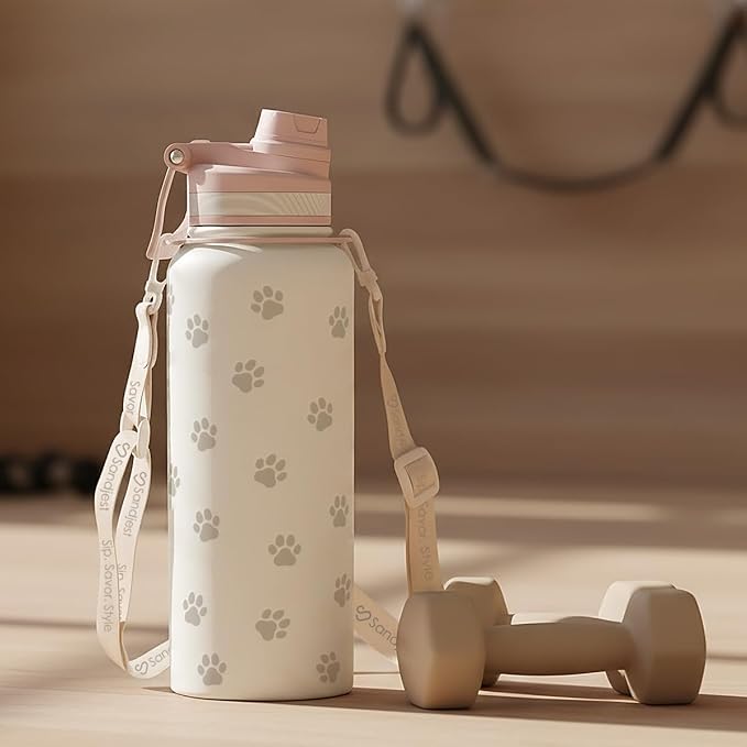 SANDJEST Paw Print Stainless Steel Water Bottle with Strap 32oz, Insulated Bottles with Straw and Spout Lid for Gym Sports Travel Outdoor, Gifts for Women Girls Birthday Christmas