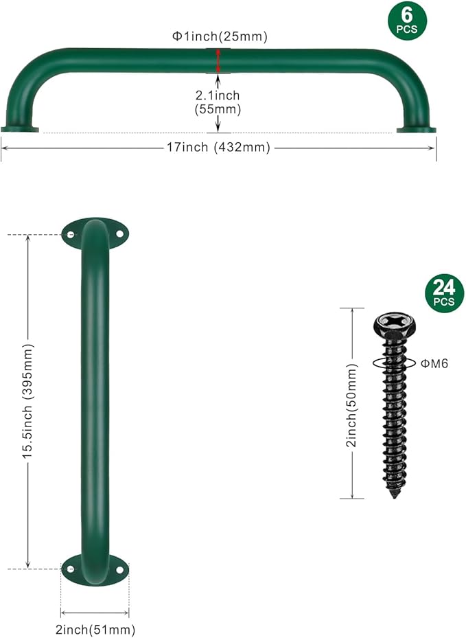 SELEWARE 6-Pack 17-Inch Green Metal Playground Safety Handles – Heavy-Duty, Non-Slip Grab Bars for Indoor/Outdoor Kids’ Playsets, Swing Sets, Playhouses, Treehouses, Jungle Gyms & Climbing Frames