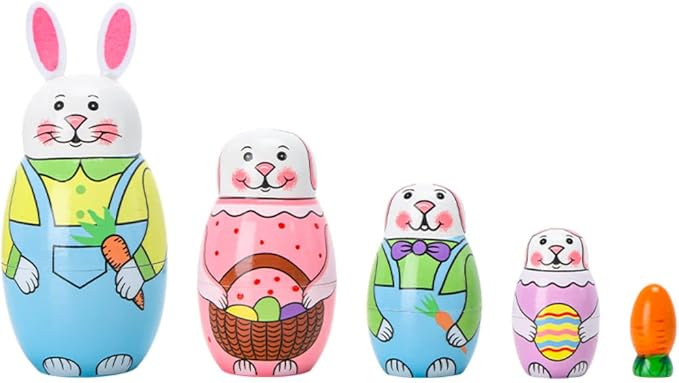 Cute Cartoon Rabbit Nesting Dolls Wooden Matryoshka Russian Doll Handmade Stacking Toy Set 5 Pieces for Kids
