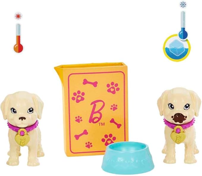 Barbie Pup Adoption Doll & Accessories Set with Color-Change, 2 Pets, Carrier & 10 Accessories, Brunette in Purple Dress