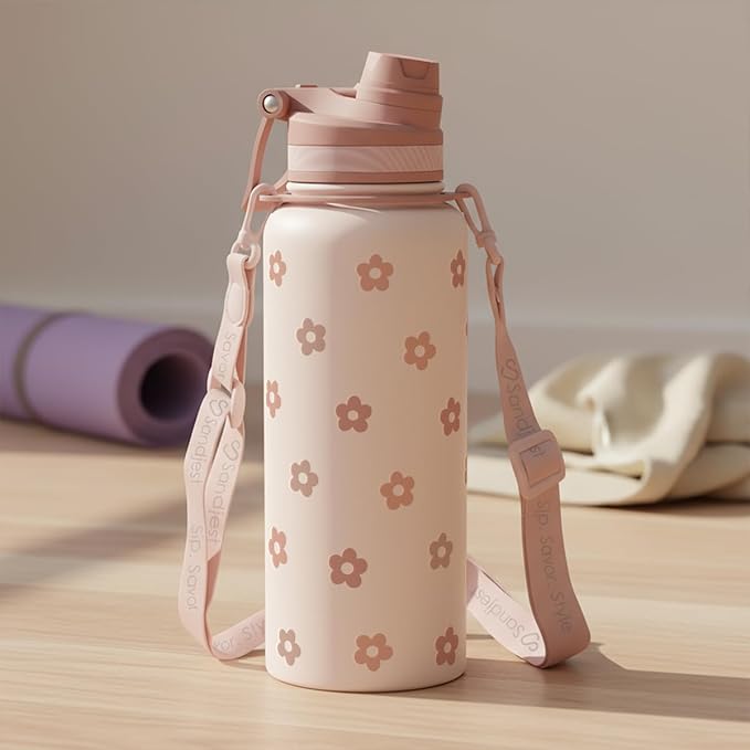 SANDJEST Beige Daisy Stainless Steel Water Bottle with Strap 32oz, Insulated Bottles with Straw and Spout Lid for Gym Sports Travel Outdoor, Gifts for Women Girls Birthday Christmas