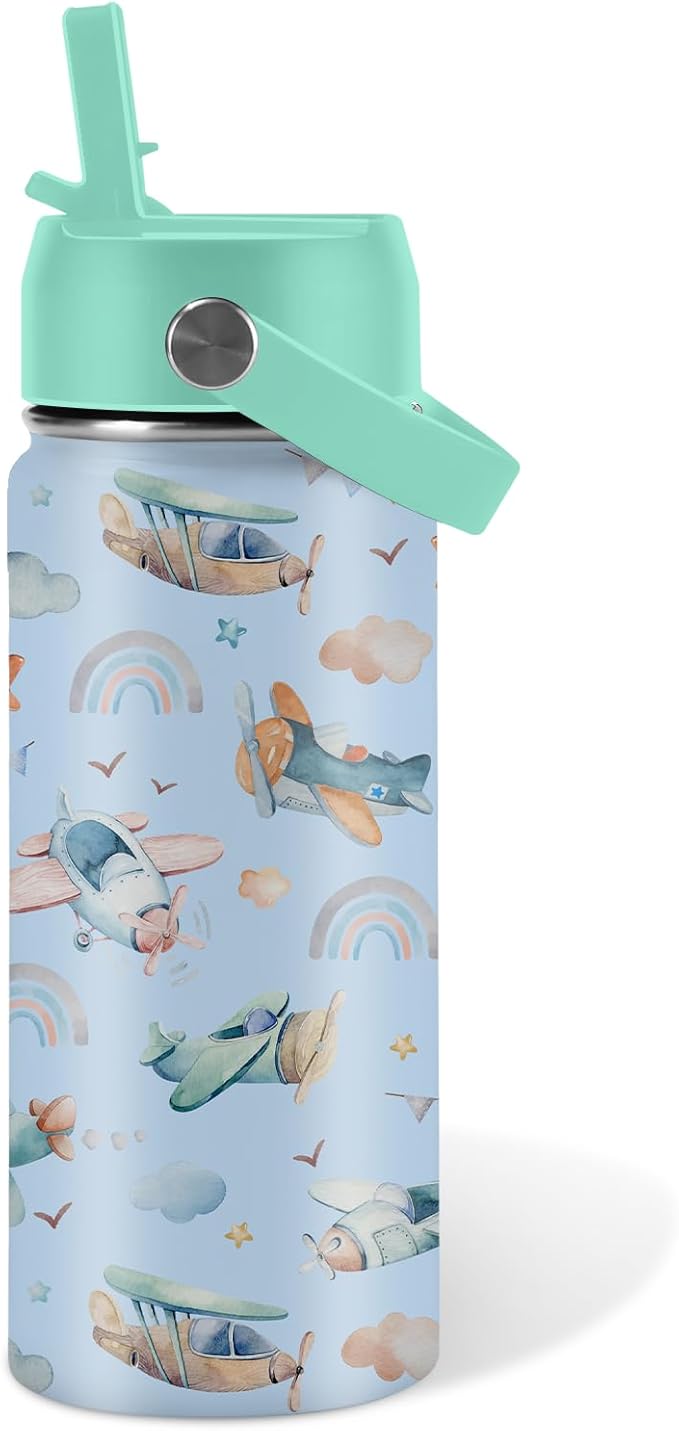 Airplane Gifts - 16oz Kids Blue Airplane Water Bottle with Straw Lid, Stainless Steel Insulated Tumbler, Leakproof, BPA-Free, for Boys, School, Travel - Helicopter Pilot Lovers Birthday Gift Cup (1pc)