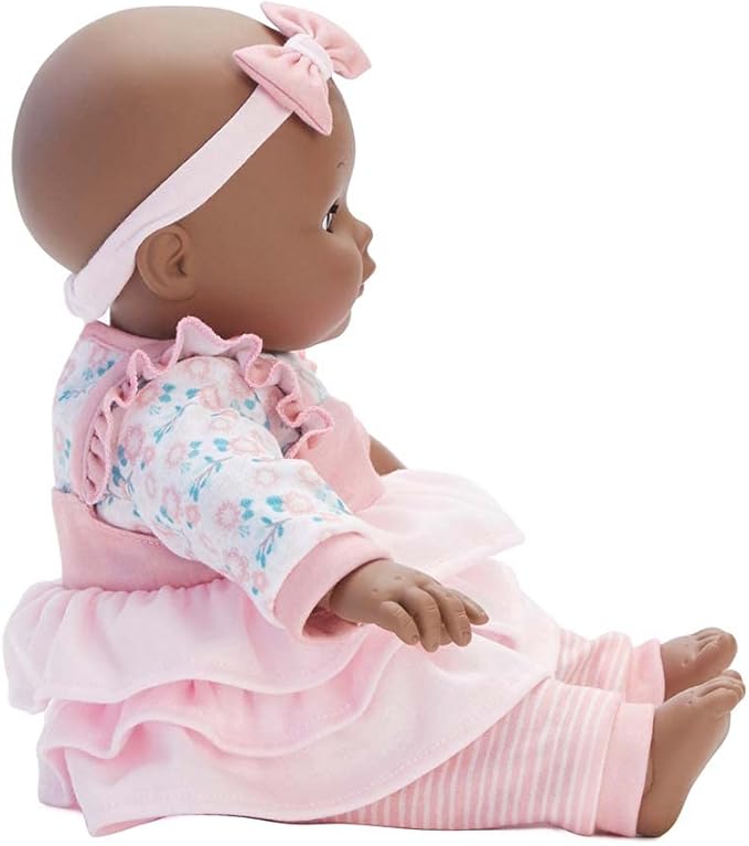 Madame Alexander 14-Inch Baby Cuddles Doll with Bottle, Pink Floral, Dark Skin Tone