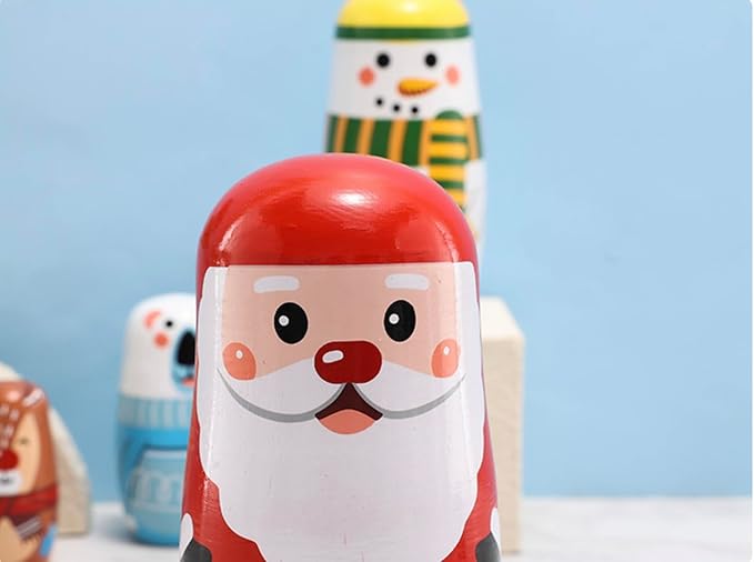 Christmas Cartoon Animals Nesting Dolls Wooden Matryoshka Russian Doll Handmade Stacking Toy Set 5 Pieces for Kids