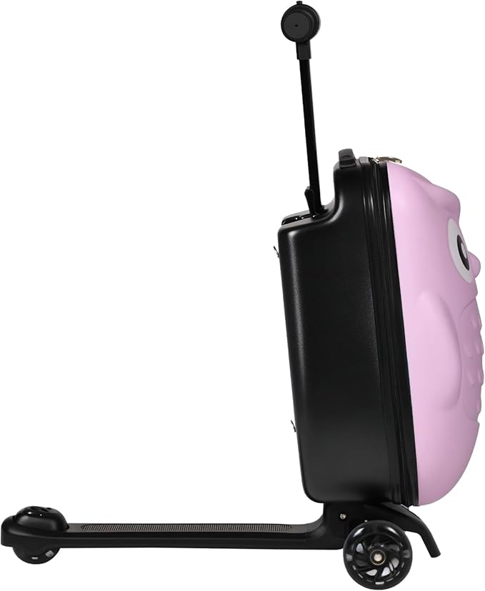 smilesun 4-in-1 Detachable Scooter Suitcase for Kids & Teens, 3D Owl/Dolphin Hardside Ride-On Luggage, Lightweight Foldable Design, Unique Travel Gift for Children(Pink Owl 22-inch)