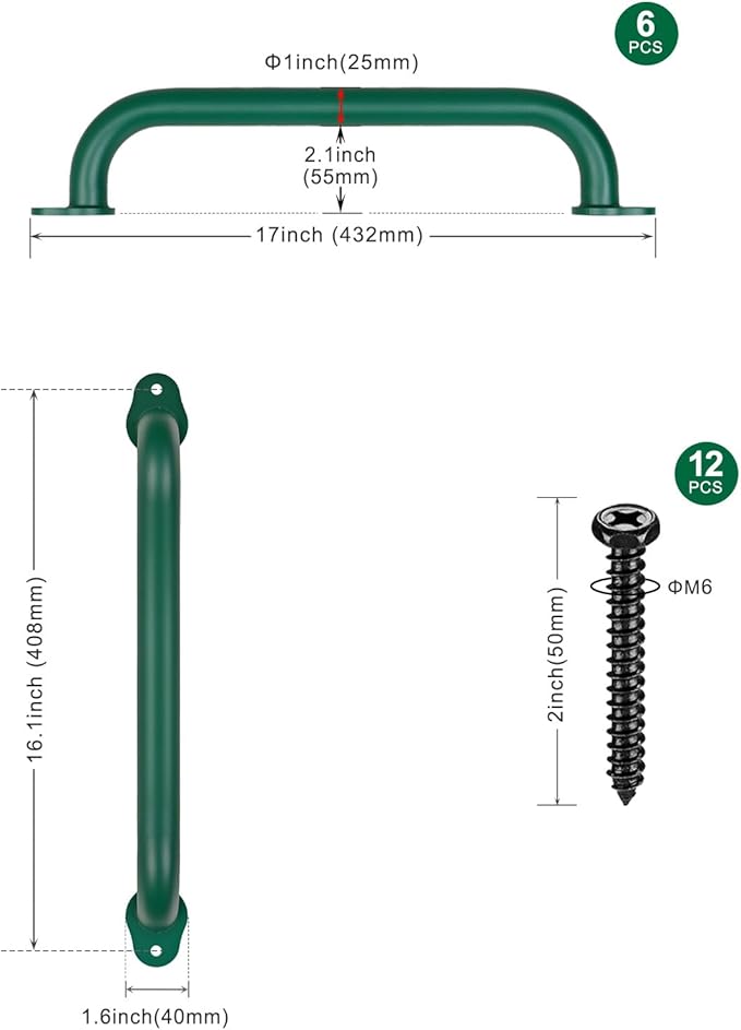 SELEWARE 6-Pack 17-Inch Green Metal Playground Safety Handles – Heavy-Duty, Non-Slip Kids’ Grab Bars for Indoor/Outdoor Playsets, Swing Sets, Playhouses, Treehouses, Jungle Gyms & Climbing Frames