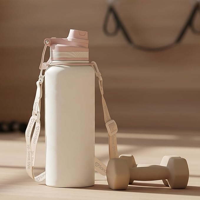 SANDJEST Stainless Steel Water Bottle with Strap 32oz, Insulated Bottles with Straw and Spout Lid for Gym Sports Travel Outdoor, Gifts for Women Girls Birthday Christmas (White)