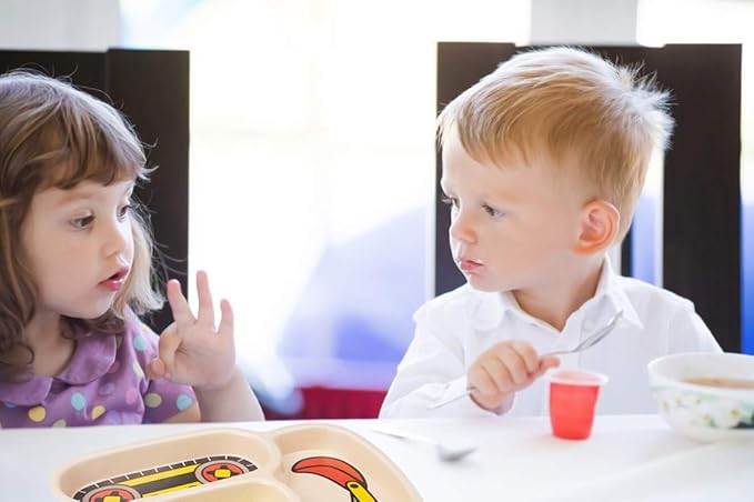 Kids Plates - 3-Piece Bamboo Toddler Plates Dinnerware Set - Divided Plate, Baby Spoon & Fork - Teaches Portion Control