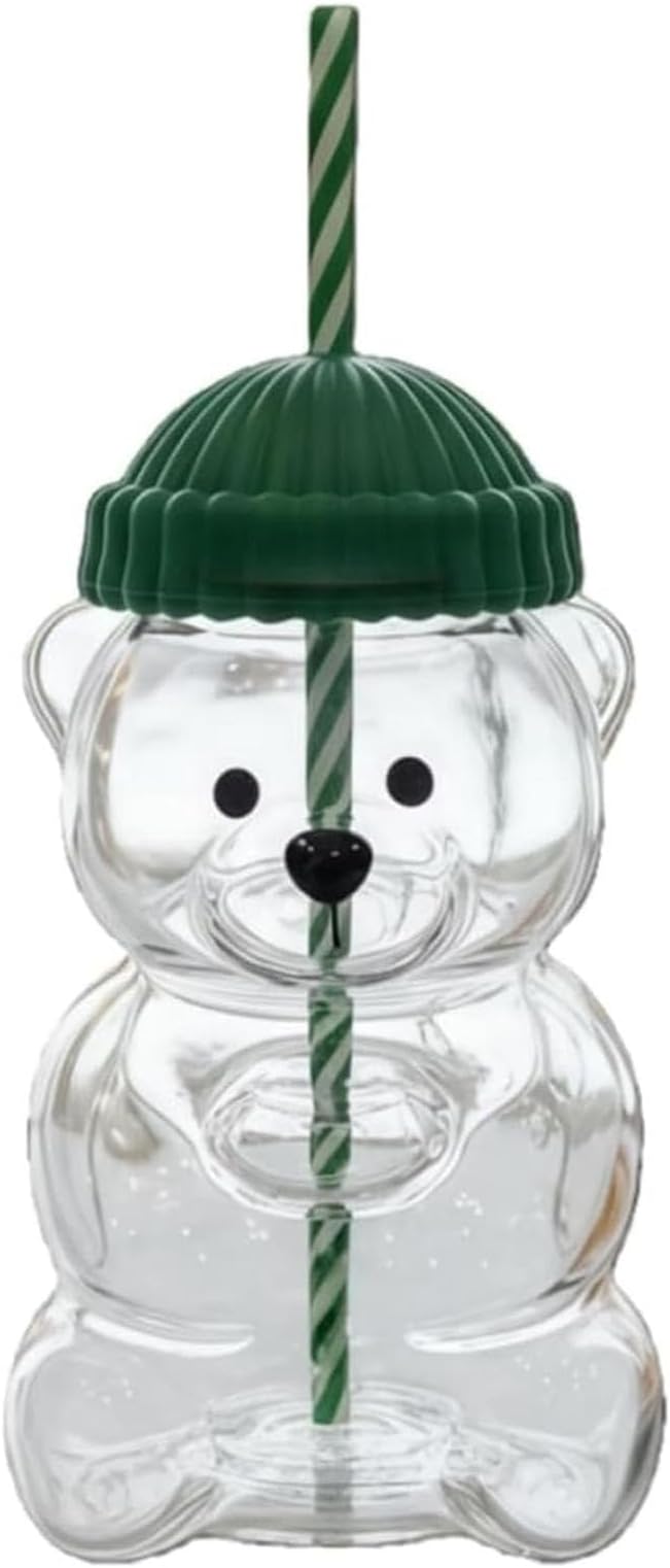 Glass Bear Cup, Bear Straw Cup,20oz Borosilicate Glass Baby Mug with Lid,Cute Mugs Bears Sippy Cups Coffee Milk & Tea Drinks Glassware for Christmas