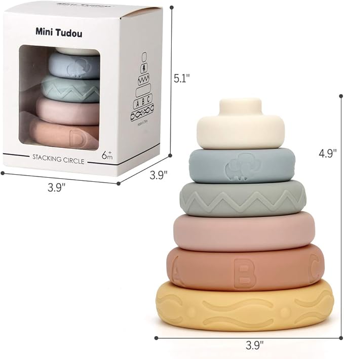 Mini Tudou 6 PCS Baby Stacking & Nesting Toys, Soft Stacking Blocks Ring Stacker, Baby Sensory Teether Toys with Letter, Animal and Shape, Early Learning Toys for Babies Toddlers Kids 6 Months