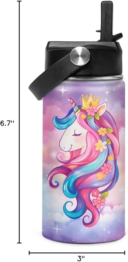 Unicorn Kids Water Bottle Insulated Water Bottles 12oz with Straw Stainless Steel Travel School Tumbler Double Wall Vacuum Cup for Girls Kid Boys
