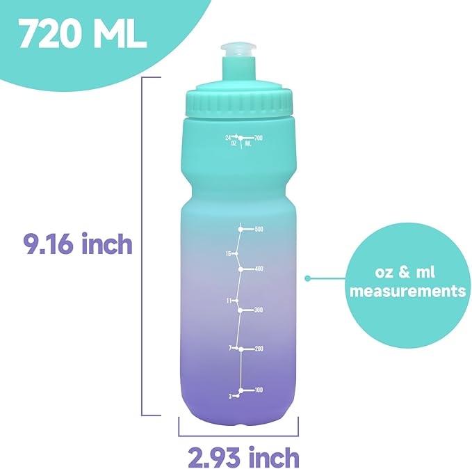 24oz Bike Water Bottle, Cycling Squeeze Water Bottle Leakproof BPA Free with Capacity Scale w/Pull Top Lid, Reusable, for Bicycle, Gym,Camping, Hiking