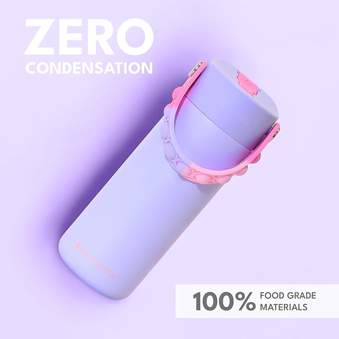 Elemental Insulated Kids Water Bottle, Stainless Steel Water Bottle with Straw Lid & Pop-It Handle, Leak-Proof Water Bottles for School, Boys or Girls, Travelling and Sports, 18oz - Lilac Tie Dye