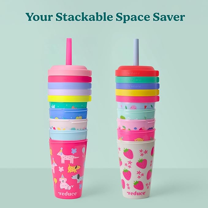 REDUCE GoGo's Kids Portable Tumbler Cups with Lids and Spill-Proof Straws - 10 Pack of Stackable 12 oz Tumblers with Twist-On Lids - Easy Storage, Dishwasher Safe - Play Date