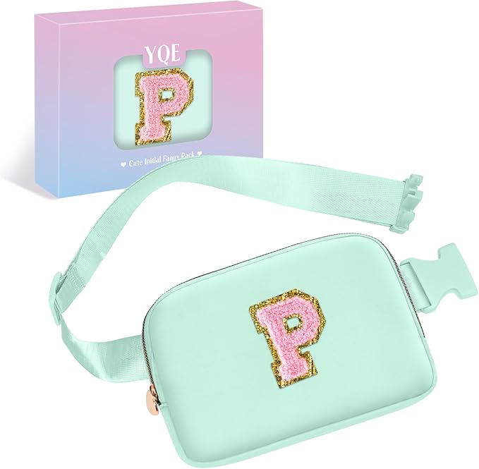 Personalized Belt Bag Crossbody Bag for Women Girls Teen Gifts, Fashion Waist Packs with Adjustable Strap, Trendy Travel Mini Fanny Pack with Initial Letter (Green,P)