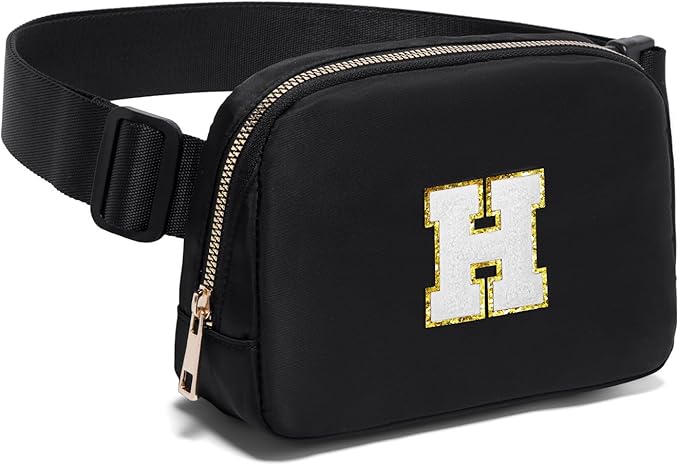 Gitus Birthday Gifts for 8 9 10 11 12 13 Year Old Girls Personalized Fanny Pack Crossbody Bags with Initial Letter Patch Belt Bag for Teen Girls Cute Trendy Stuff Travel Essentials (Black-H)