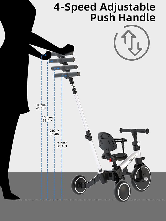 XJD Toddler Bike, 6 in 1 Folding Toddler Tricycle for 1-4 Year Old with Parental Control Handle, Balance Bike with Removable Pedal, Backrest, Adjustable Seat and Handle, First Birthday Gifts (White)