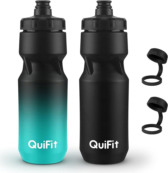 QuiFit Squeeze Water Bottle 2-Pack, Leak Proof Mountain Bike Water Bottle Plastic with Dust Cover, BPA Free, Fits Most Bike Cup Holders, for Outdoors, Riding, Gym(Black+Black Green, 24oz)
