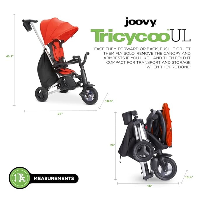 Joovy Tricycoo UL Kids Tricycle with 8 Stages Featuring 3 Rubber Tires, Removable and Adjustable Parent Handle, Safety Harness, 3-Position Recline Seat, and Retractable Canopy, Rorange