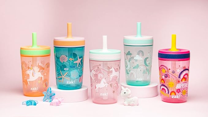 Zak Designs Kelso 15 oz Tumbler Set, (Shells) Leak-Proof Screw-On Lid with Straw Made of Durable Plastic and Silicone, Perfect Cup Bundle for Kids (2pc Set)