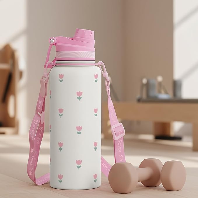 Tulip Stainless Steel Water Bottle with Strap 32oz, Insulated Bottles with Straw and Spout Lid for Gym Sports Travel Outdoor, Gifts for Women Girls Birthday Christmas