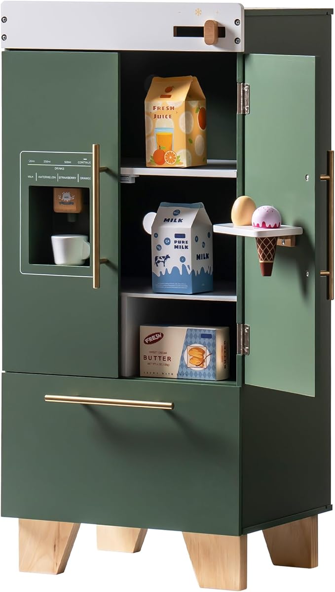 ROBOTIME Wooden Toy Fridge - Play Kitchen Set with Accessories, Kitchen Playset Interactive Refrigerator for Pretend Play Fridge for Kids, Toddler Kitchen Appliance (Vintage Green)