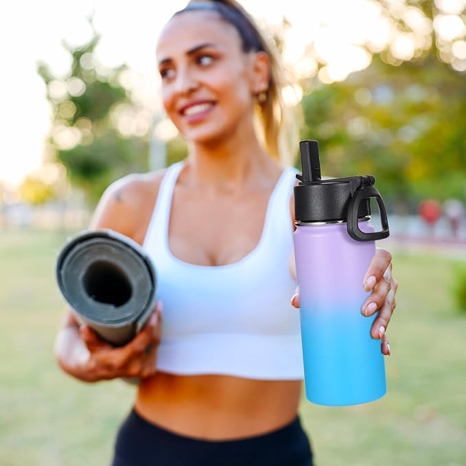 Volhoply 16 OZ Kids Water Bottle Bulk 2 Pack,Insulated Sports Bottles with Straw Lid,Stainless Steel Bottle with Handle Keep Cold,Double Wall Vacuum Tumbler Cup for School,Girl(Lavender Blue, 2