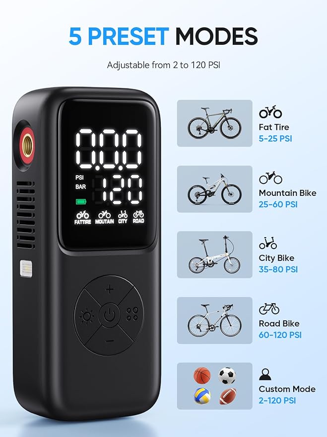 Mini Electric Bike Pump,120 PSI Bike Pump Portable with Guage Auto Stop, Bicycle Pump with Presta and Schrader, Bike Tire Pump Valve for Road Bicycle, Mountain Bike, E-Bike,Sports Ball
