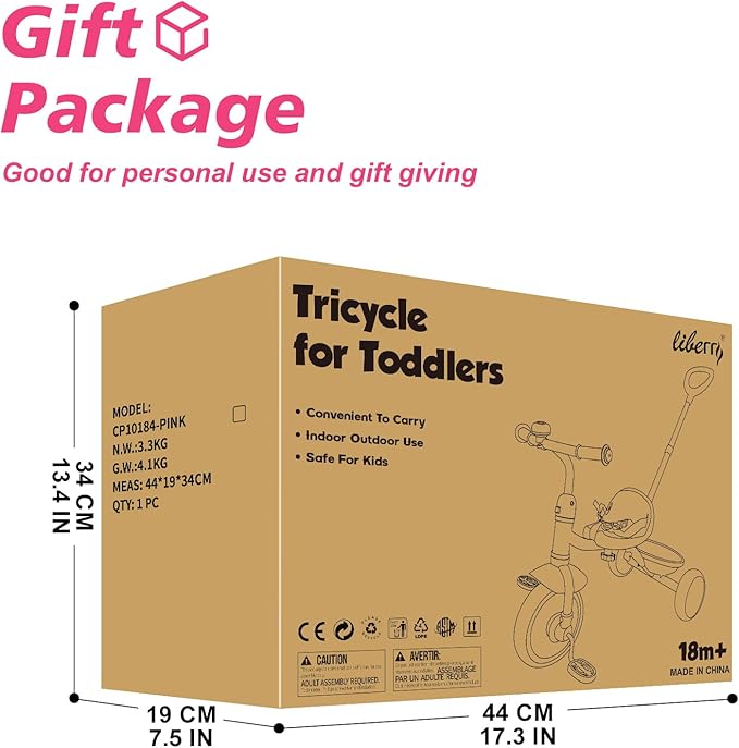 Liberry 2 in 1 Toddler Tricycle Age 2 3 4 Years Old, Kids Trike with Light Up Wheels, Adjustable Push Handle, 3 Wheel Bike Outdoor Indoor Riding Toy Christmas Gift for Girls Boys, Pink