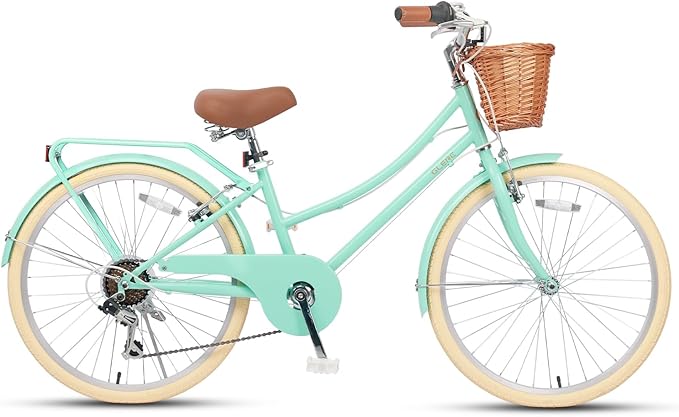 Glerc 20 24 26 Inch Beach Cruiser Bike, 6-Speed Hybrid City Bicycle for Girls Youth and Over 6 Years Old, Missy Bike with Wicker Basket & Lightweight, Multiple Colors