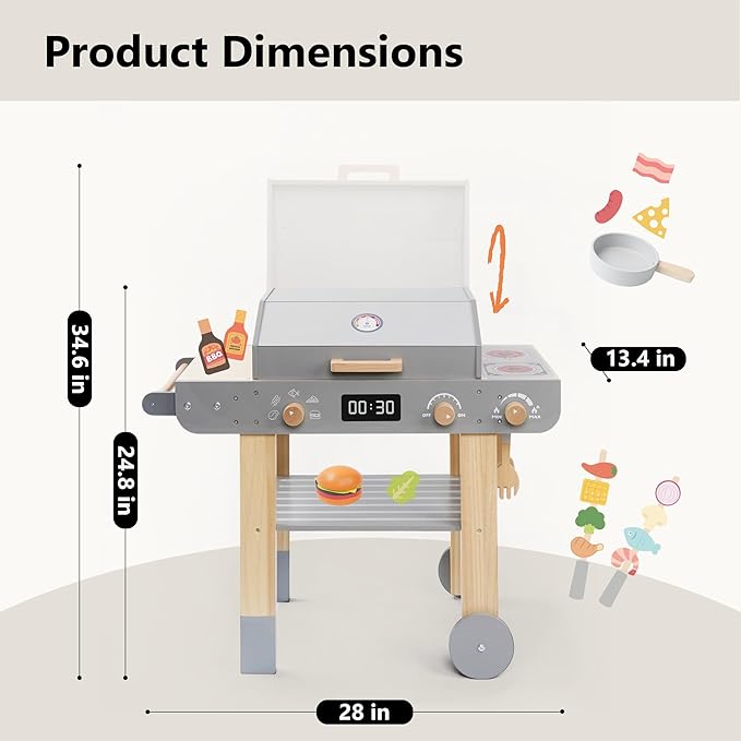Wooden Kids Grill Playset – Realistic Play Barbecue Set with Grilling Tools and Foods – Pretend Grill Toy for Kids Ages 3+