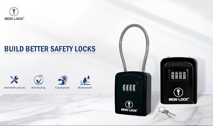 Iron Lock® Portable Key Lock Box with Removable Cable Shackle Indoor Outdoor Waterproof 4 Digit Combo Resettable Code with A B Switch Key Lockbox for Outside Spare Keys for Realtors (Small, Black)