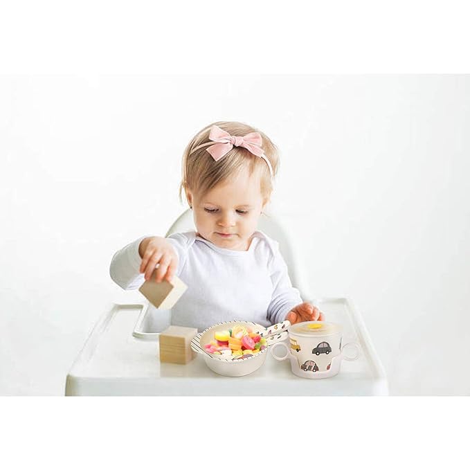 shopwithgreen 7Pcs/Set Bamboo Kids Dinnerware Set - Children Dishes - Food Plate Bowl Cup Spoon Fork Set Dishware, Cartoon Tableware, Dishwasher Safe Kids Healthy Mealtime, BPA Free