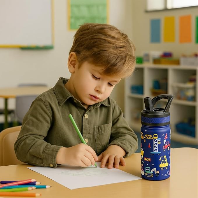 Fanhaw 14 Oz Kids Insulated Water Bottle with Straw - Stainless Steel Double Wall Vacuum Cup, Leakproof, BPA Free, Suitable for Boys and Girls(White - Cute Dinosaur)