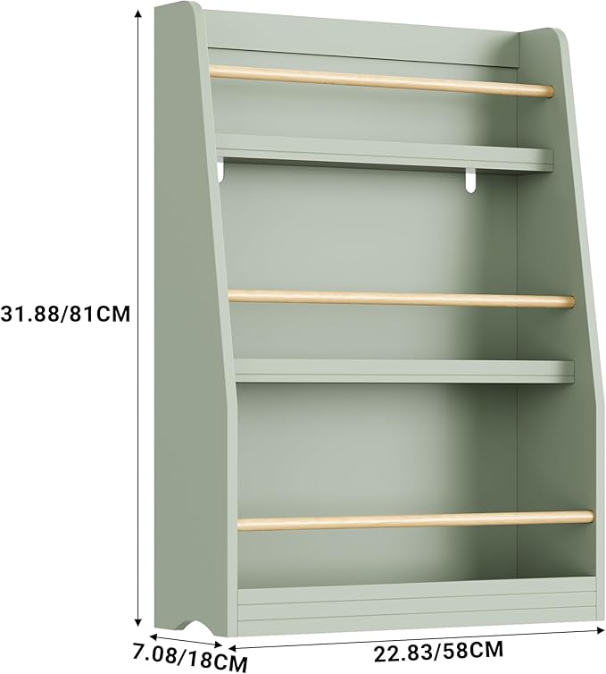 Kids Bookshelf, 3-Tier Montessori Book Shelf Organizer for Books and Toys, Toddler Bookshelf for Bedroom, Living Room, Playroom, Classroom, Nursery - Green