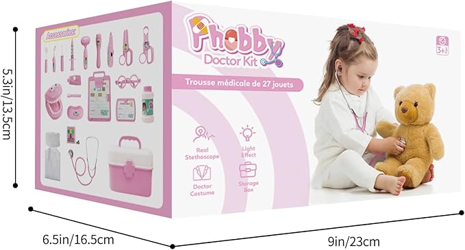 Durable Doctor Kit for Kids, 27 Pcs Deluxe Pretend Play Set Medical Toy with Real Stethoscope for Toddlers Boys Girls Christmas Birthday Gift Aged 3 4 5 6 7 8(Pink)