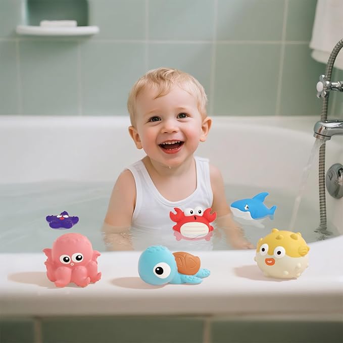 Bath Toys for Toddlers 18 Month, Bathtub Toys with 6 Baby Bath Animals, No-Hole Design Keeps Dry, Floating Toys Set for Baby 1 Year Old Boys & Girls (6 Pack)