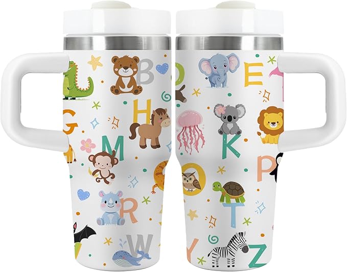 14 oz Kids Animal Alphabet Tumbler with with Handle Straw Lid, Stainless Steel Insulated Water Tumbler, Abc Letters Stuff, for Sports, School, Travel - Back to School Children Birthday Gifts Cups(1pc)