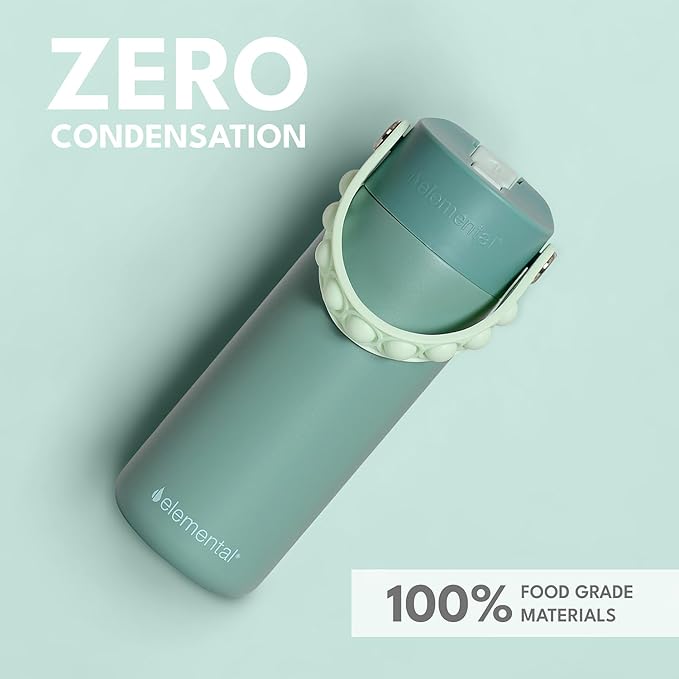 Elemental Insulated Kids Water Bottle, Stainless Steel Water Bottle with Straw Lid & Pop-It Handle, Leak-Proof Water Bottles for School, Boys or Girls, Travelling and Sports, 18oz - Sage
