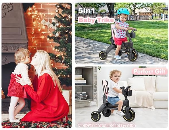 5-in-1 Compact, Foldable Tricycle - Suitable for Toddlers 10 to 36 Months Push Tricycle Bike for Toddlers with Removable Handle Seat Adjustable Canopy for Kids Pink